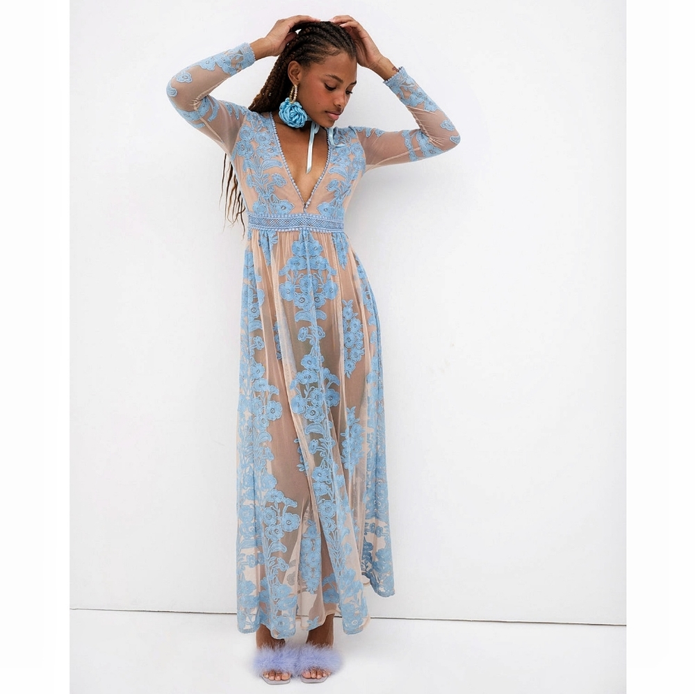 Free People x For Love & Lemons Fairycore Temecula  Sheer Mesh Lace Maxi…